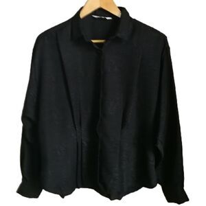 VINTAGE EATON 80 Black Secretary Style Flowy Oversized Button Front Blouse Large